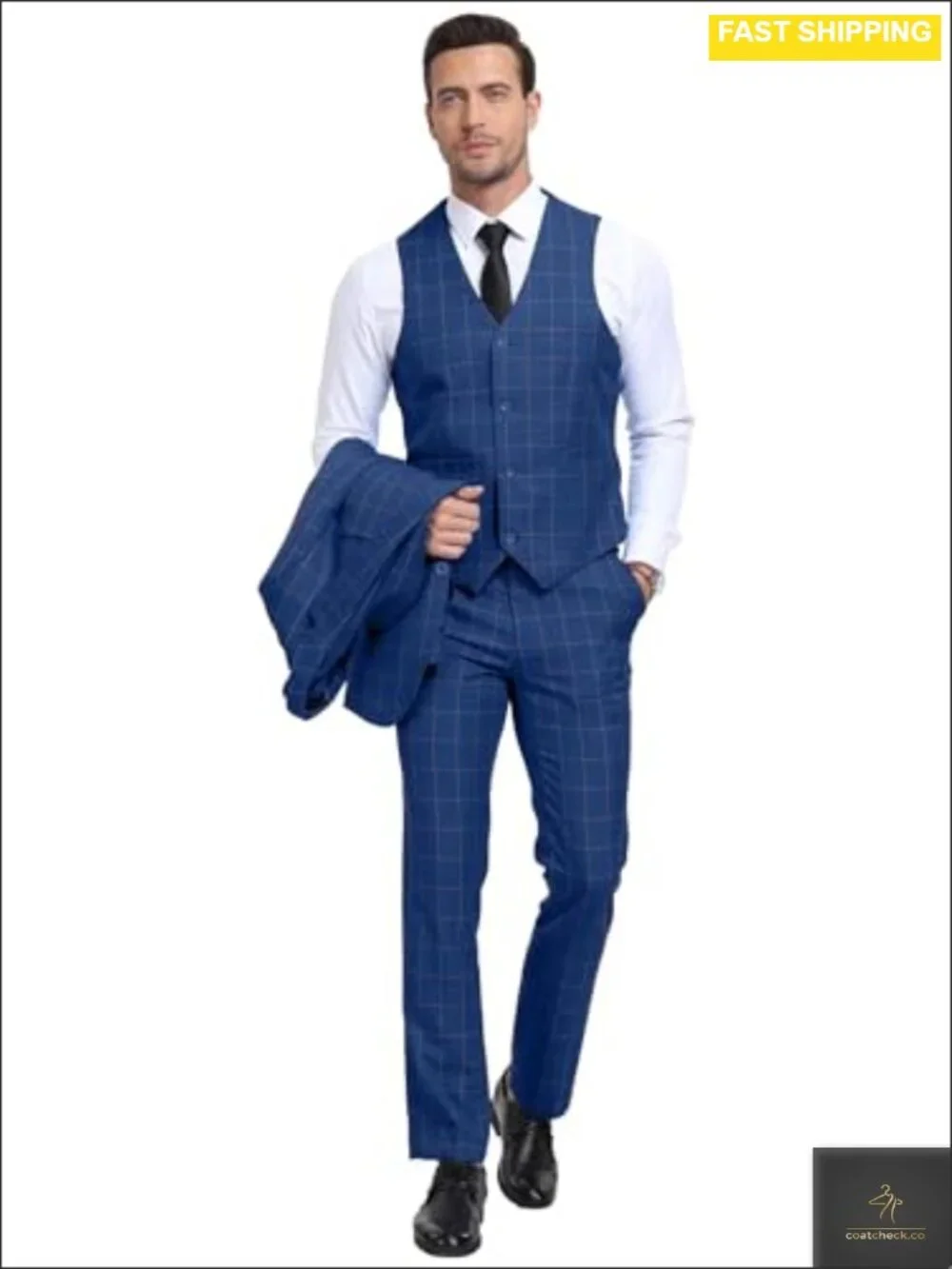 Men's 3 Piece Plaid Slim Fit Suit Set Blazer Vest Pant Formal Wedding